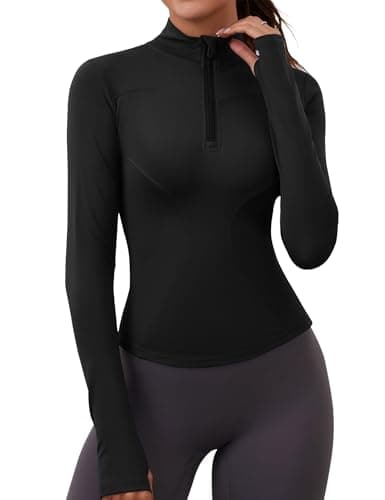 Image of Rapbin Women Gym Tops Long Sleeve Black Sweatshirt Workout T-Shirt Ladies Tops Quarter Zip Activewear with Thumb Holes (Black,S)