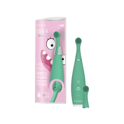 Image of FOREO ISSA 4 Baby – Silicone Sonic Electric Toothbrush Bundle for Babies, 2-Sided Bristles, Fun Smile Feature, Gum Massage, 12 Months of Care with Extra Electric Toothbrush Head, Kiwi Green