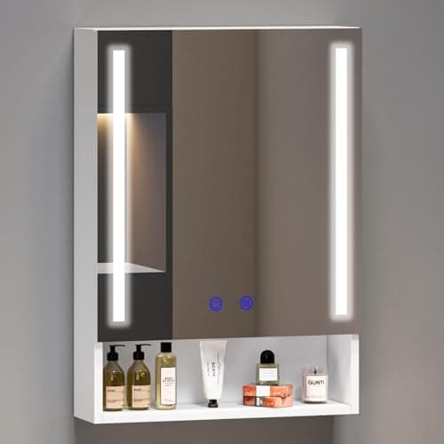 Image of BELIWIN Bathroom Mirror Cabinet 500 x 700 mm With LED Lights, Touch Control, 3 Colour Dimmable Illuminated Mirror, Wall Mounted Bathroom Storage with Demister Pad
