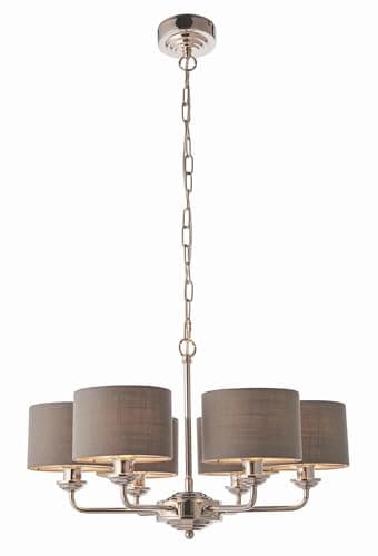 Image of National Lighting Celeste Decorative Pendant Ceiling Light - Bright Nickel 6 Way Multi Arm Pendant with Charcoal Coloured Fabric Shades - Height Adjustable Lamp - E14 Candle - Indoor Dimmable Light