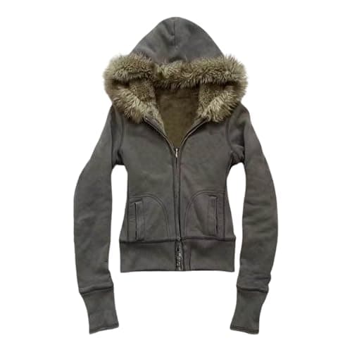 Image of Faux Fur Trim Hoodies for Women Y2k Long Sleeve Cropped Sweatshirt Zip Up Jacket with Fur Hood Vintage Outfit Grey