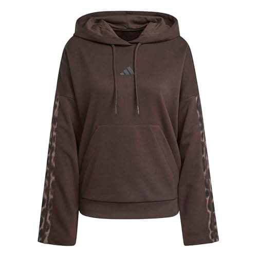 Image of adidas Women's Seasonal Essentials Leopard Print French Terry Hoodie with 3-Stripes, Aurora Coffee/MULTICOLOR, M