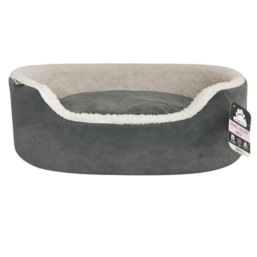 Image of Dream Paws Small Oval Dog Bed, Round Velvet Washable Dog Sofa, Super Soft Cosy Sherpa Lined Puppy Cat Bed Donut, Removable Cushion, Non Slip Base, X-Small & Small Breeds, Grey, L60xW45xH15cm