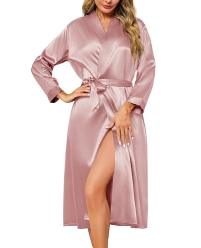 Image of Lovasy Silk Dressing Gown Women's Satin Robes Long Ladies Kimono Dressing Gowns Lightweight Bride Bridesmaid Silk Robe Soft Satin Bath Robe with Pockets,Dusky Rose,M