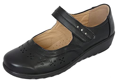 Image of Cushion Walk EEE Wide Fit Womens Ladies Lightweight Black Faux Leather Mary Jane Flats, Casual Work Office School Comfort Shoes (6 UK, Black)