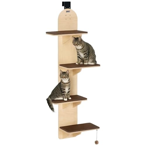 Image of PawHut Cat Tree Door Mounted, Door Hanging Cat Shelf with Removable Washable Plush Pads, Toy Ball, 4-Level Kitten Climber for Indoor Kittens, 56.5 x 25 x 150cm, Oak