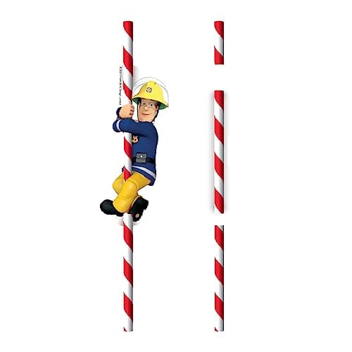 Image of Amscan 9912970 - Fireman Sam Kids Birthday Party Paper Straws with Card Decorations - 8 Pack