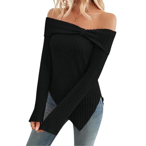 Image of Womens Cute Bow Off Shoulder Knitted Sweater Tops, Sexy Side Slit Pullover Long Sleeve Asymmetrical Hem Knit Blouse (X-Large,Black)