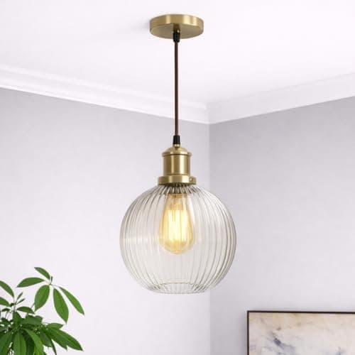 Image of CGC Lighting Indoor Glass Bistro Adjustable Ceiling Pendant Light Lamp Shade (Ribbed Globe)