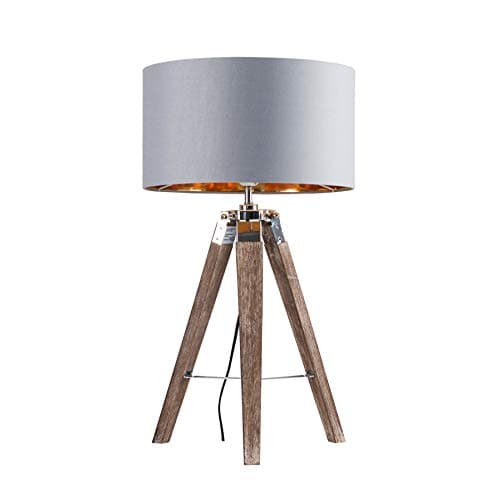 Image of MiniSun | Modern Light Wood and Chrome Tripod Table Lamp with a Warm Grey/Gold Drum Shade | Home Décor, Bedside & Desk Lamp