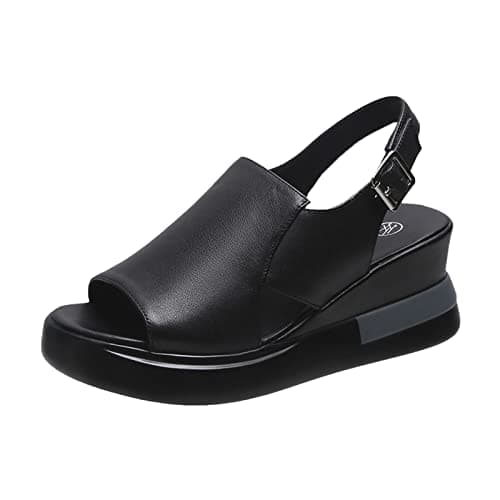 Image of HEONSATI Chunky Platform Sandals Summer Orthopedic High Heel Slingback Open Toe Bohemian Platform Court Wide Width Sandals Women Leather Wedge Walking Espadrille Beach Ankle Strap Casual Shoes