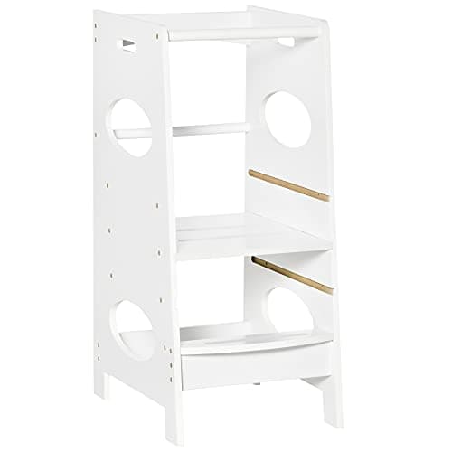 Image of HOMCOM Toddler Step Stool Kids Adjustable Standing Tower with Safety Rail for Kitchen Counter White