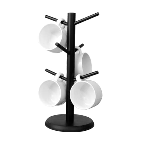 Image of FOSFUKEER Coffee Mug Holder, Black Bamboo Mug Tree with Thicker Base, Coffee Cup Stand, Cup Holder for Counter, Coffee Mug Rack Organizer with 6 Hooks