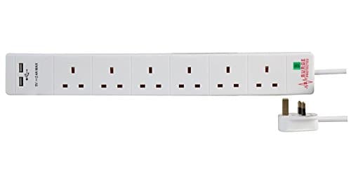 Image of Pro Elec PEL00115 6 Gang Surge Protected Extension Lead with 2 x 2.4 V USB Charging Sockets, 5 m