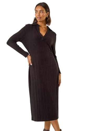 Image of Roman Originals Collar Ribbed Knit Midi Dress for Women UK - Ladies Everyday Autumn Winter V-Neckline Comfy Soft Evening Vacation Work Party Night Out - Black - Size 14