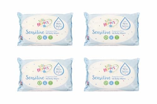 Image of Pack of 4, Little Heroes Sensitive Baby Wipes, Fragrance Free, 66-Count Pack, Dermatologically Tested, Vegan Friendly, Hypoallergenic Wipes for Delicate Skin