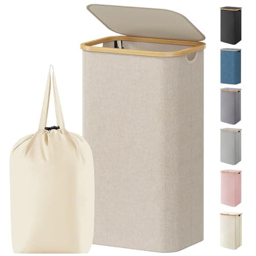 Image of Lifewit 100L Laundry Basket with Lid, Dirty Clothes Bin with Bamboo Handles and A Removable Bag, Large Foldable Washing Basket for Bedroom, Bathroom, Dorm, Laundry Room, Beige