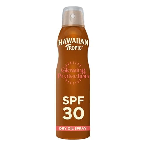 Image of Hawaiian Tropic Protective Illuminating Spray Dry Oil Water Resistant with Sun Protection SPF 30 UVA and UVB Tropical Fragrance Sun Spray with Hawaiian Botanical Ingredients, 180 ml