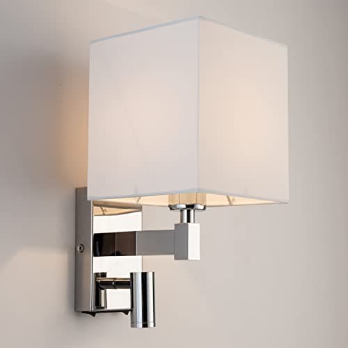 Image of HARPER LIVING 1xE27/ES Wall Light with Adjustable LED Reading Light, Bedsides Sconce Lamp USB & USB-C Charging Ports and 2 On/Off Switches, Polished Chrome Finish, White Fabric Shade (Square Shade)