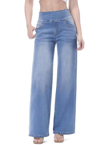 Image of Chasehot Pull on Wide Leg Jeans for Women, High Waisted Stretchy Baggy Trendy Tummy Control Straight Leg Jeans Denim Pants Medium Blue Wash-M