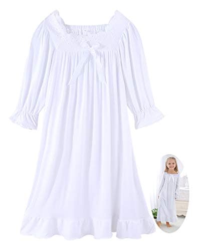 Image of CHUNG Little Girls Vintage Victorian Nighties Long Sleeve Lace Square Neck Nightdress Princess Nightgown White 11-12 Years, 150 Cm