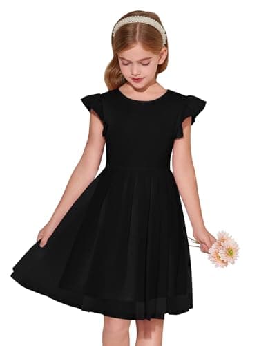 Image of Haloumoning Girls' Dresses Ruffled Sleeves Round Neck Solid Color Summer Dress A-Line Princess Tulle Dress Festive Birthday Wedding Party Casual Dress, Black, 5-6 Years