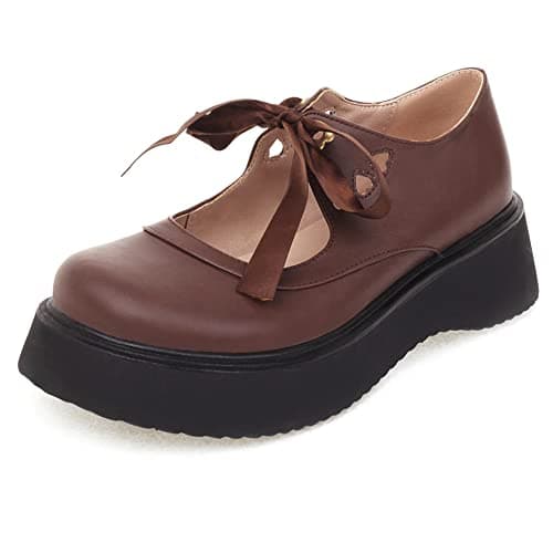 Image of Women Wedge Heel Mary Jane Shoes, Mid Heel Pumps Round Toe Lace Up Dress Pumps with Platform Comfort Twuocr Brown Size 8.5 Uk/44