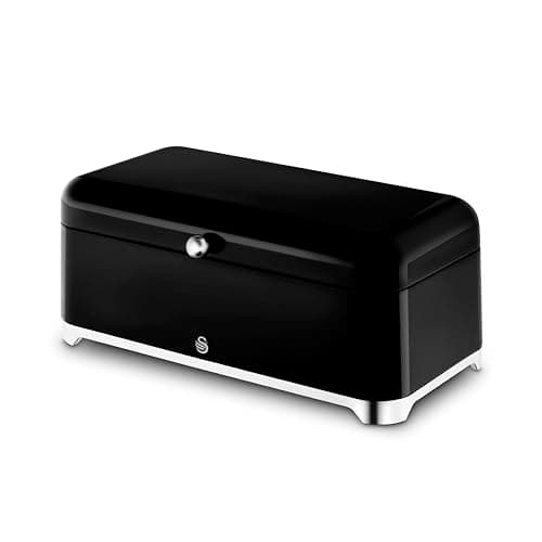 Image of Swan Solace 16L Bread Bin, Large Capacity, Worktop Kitchen Storage, Suitable for Loaves, Rolls and Bakes, Lift Up Hinged Lid, Easy Clean and Durable, H16.6 x W44 x D22cm, Black, SWKA18540BLK