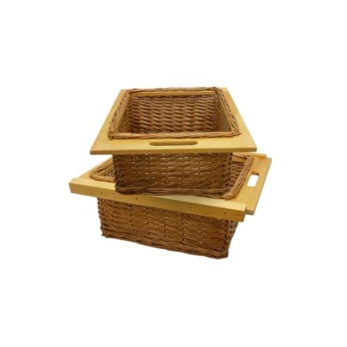 Image of 2 x Pull out Wicker Basket Drawer 500mm Kitchen Storage Solution Larder Base Unit Cupboard with Handle Rustic Pine Wood Farmhouse Style 100% Handmade Rattan Brown