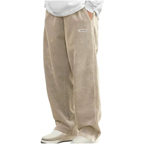 Image of Corduroy Trousers Men Loose Fit Smart Casual Trouser Elasticated Waist Drawstring Pants Solid Colour Straight Leg Bottoms Spring and Winter Mens Lounge Wear with Pockets