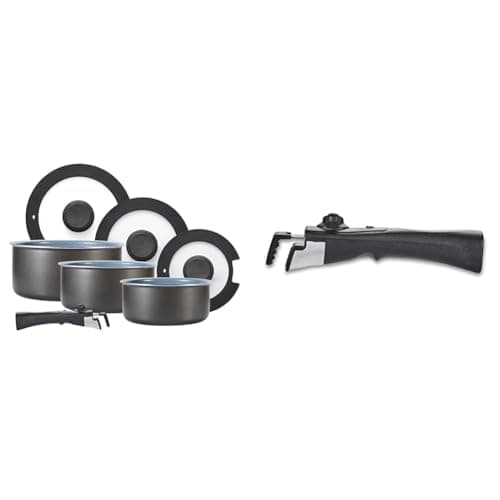 Image of Tower Freedom T800201 7 Piece Cookware Set with Ceramic Coating, Stackable Design and Detachable & Freedom T800207 Detachable Bakelite Handle with Clip and Grip Mechanism, Black
