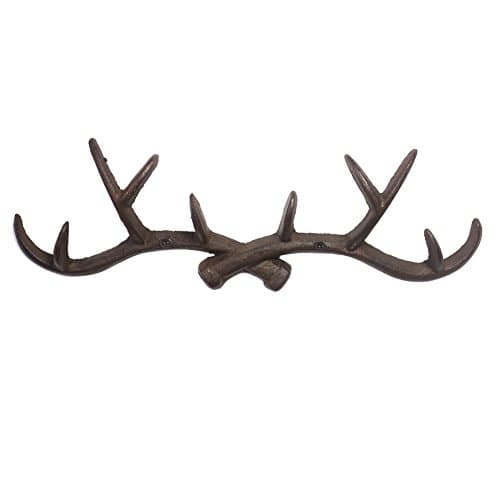 Image of KiaoTime l Vintage 14" Rustic Cast Iron Deer Antlers Wall Mounted Coat Hooks, Shabby Chic Coat Rack, Key Holder, Hat Hanger, Bath Room Wall Hanger (Rusty Brown)