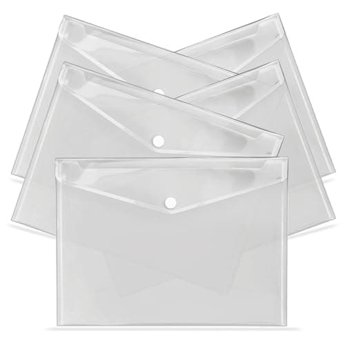 Image of G4GADGET A4 Clear Plastic Wallets – Pack of 5, Popper Document Folders with Label Pocket & Snap Button – Multicolored Plastic Envelope for Home, Office, School & Travel