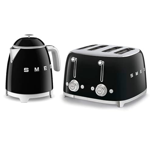 Image of Smeg 50’s Style Retro Range Breakfast Set, 0.8L 1400W Mini Kettle and Multi-Functional Control 4-Slice 2000W Toaster, Black, KLF05BLUK/ TSF03BLUK