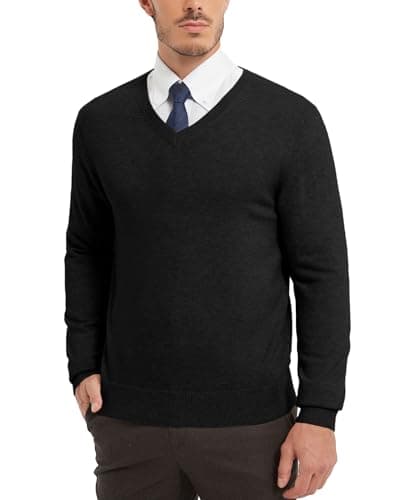 Image of Kallspin Men’s Wool Blend Jumper Sweater V Neck Long Sleeve Knit Pullover Smart Casual Knitwear(Black, 2XL)