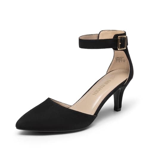Image of DREAM PAIRS Womens Court Shoes Pointed Toe Low Kitten Heel Ladies Pumps Ankle Strap Dress Sandals Lowpointed Black Suede Size 7 US/ 5 UK