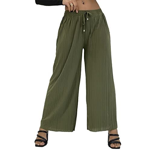 Image of Womens New Pleated Wide Leg Classic Look Palazzo Trousers Elasticated Waist Plisse PDrawstring Front Pants (UK, Alpha, S, M, Regular, Regular, Khaki)