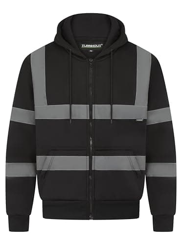 Image of LABEL APPAREL Mens Hi Vis Hoodie Grey High Visibility Reflective Tape Zipper Workwears Long Sleeve Zipped Hoody Tops Fleece Sweatshirts Utility & Safety Jumper Pullover Black Large