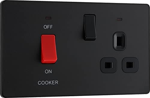 Image of BG Electrical Cooker Switch with Socket and LED, Cooker Control Unit, Control Socket, Double Pole, Screwless Front Plate, Evolve, Matt Black, 45A, PCDMB70B