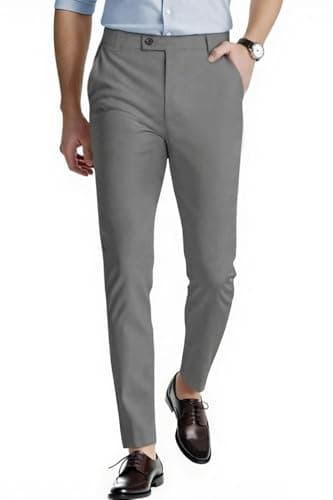 Image of GINGTTO Men's Skinny Trousers Slim Fit Dress Pants Elastic Waist Stretch Chino Plain Suit Grey for Men 32