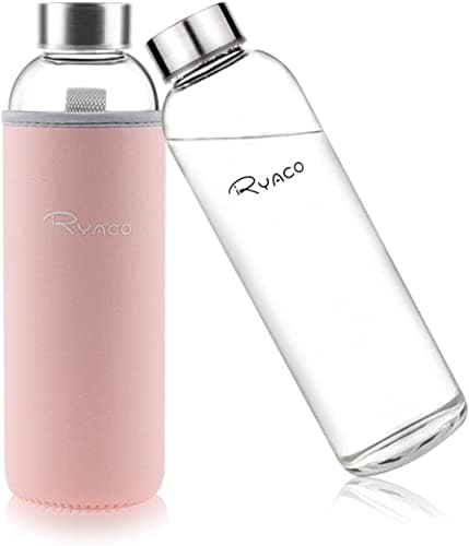 Image of RYACO Glass Water Bottle 550ml/18oz,Borosilicate Glass Bottle with Neoprene Protective Case for Hot Cold Drinks,BPA-Free Leak Proof,Sport Water Bottles with Sponge Brush,Dishwasher Safe