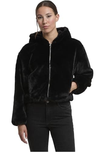 Image of Urban Classics Ladies Full Zip Faux Fur Hoodie, Faux Fur Hoodie with Full Zip, Sizes XS - XL, black, M