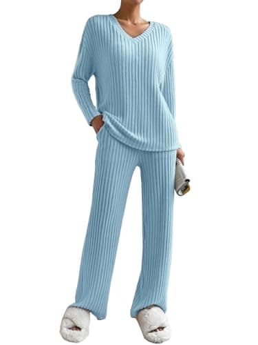 Image of Joligiao Lounge Wear Sets for Women UK Ladies Ribbed 2 Piece Outfit Leisure Co Ord Sets Tracksuit Full Set V Neck Long Sleeve Pyjamas Top and Wide Leg Trousers Suits with Pockets(Blue,XL)