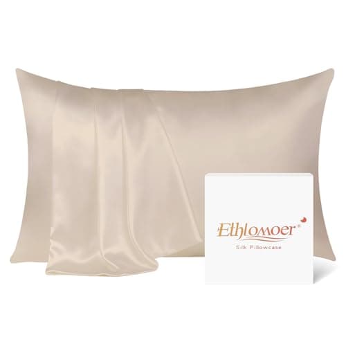 Image of Ethlomoer Natural Pure Silk Pillowcase for Hair and Skin, Both Side 19mm, Hypoallergenic, 600 Thread Count, Smooth Silk Pillow case with Hidden Zipper, Gifts for Women Men, 50x75 cm (Beige)