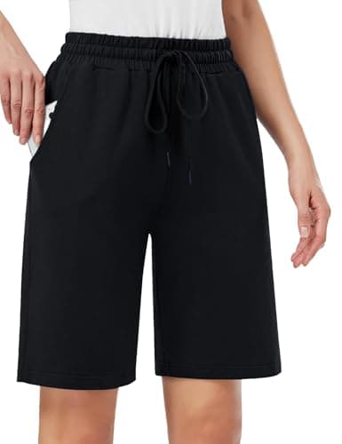 Image of MOVE BEYOND Women's 10'' Inseam Bermuda Shorts 3 Pockets Athletic Yoga Gym Sweat Shorts with Drawstring Lounge Sleep Shorts, Black, XS