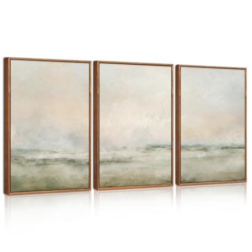 Image of Celestdeco Abstract Beige Green Landscape Framed Canvas Wall Art Set, Watercolor Natural Tan Wall Decor, Minimalist Neutral Modern Scenery Decorations for Living Room, Bedroom,Farmhouse