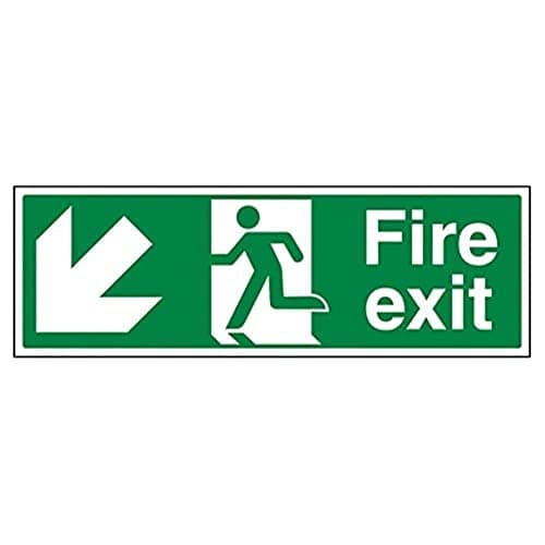 Image of V Safety,Green,14005BJ-S Fire Exit Arrow Down Left Sign - Landscape - 450mm x 150mm - Self Adhesive Vinyl