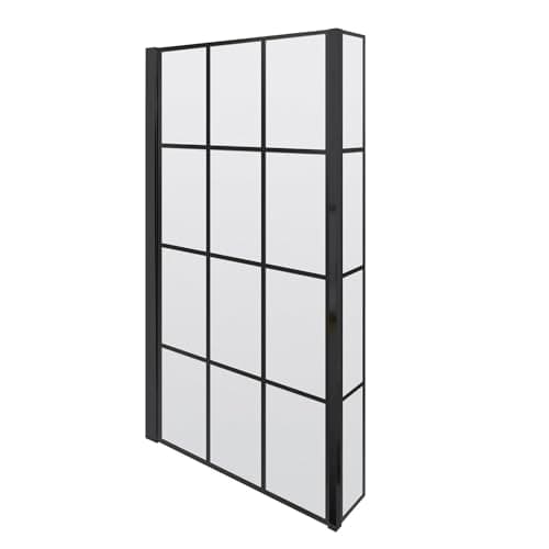 Image of BAYSTONE® 800mm Over Bath Shower Screen with Return Framed Black Square Grid 6mm Toughened Safety Clear Glass Panel Bathroom