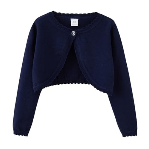 Image of PythJooh Baby Girl Long Sleeve Bolero Shrugs Girls One-Button Plain Cotton Wedding Bolero Cardigan Knitted Coat for 1-13Years Navy