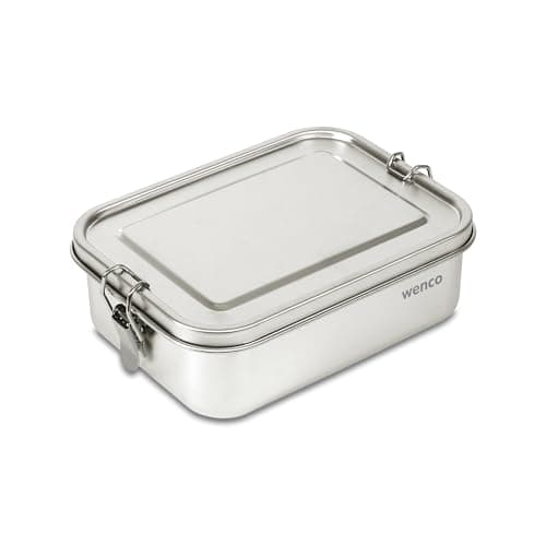 Image of wenco Premium stainless steel lunch box, with 2 compartments, 850 ml lunch box (1 net content), waterproof, dishwasher-safe, includes replacement silicone ring, 18.5 x 14 x 5.5 cm, silver